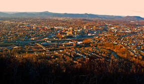 view of the city of Roanoke in Virginia during sunset